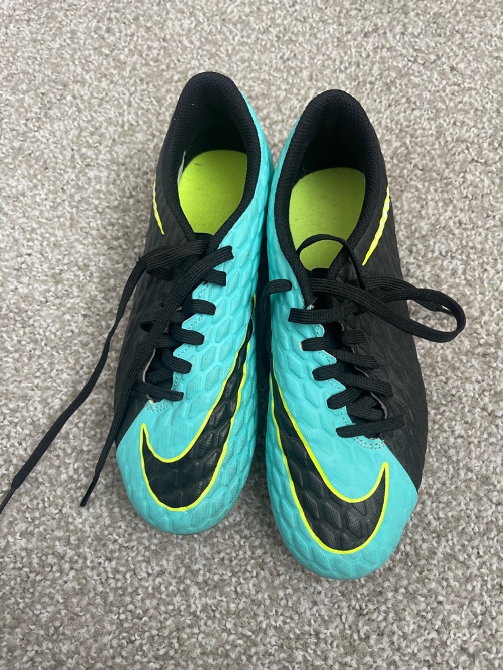 Nike Teal and Black Soccer Cleats with Neon Yellow Trim